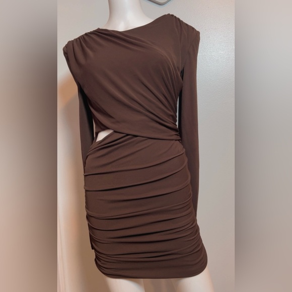 ZARA S Brown Ruched Short Bodycon Dress Long Sleeve Boat Neck - Picture 5 of 5